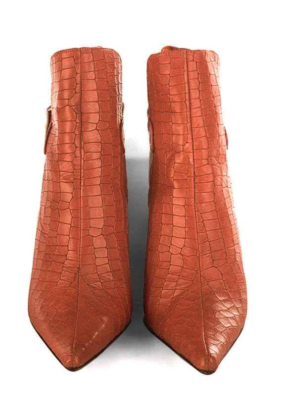 Terracotta orange women's ankle boots with buckles at the back. Pointed toe. High block heels. Top view - Florence KOOIJMAN